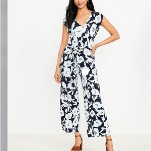 LOFT Blue and white floral wide leg jumpsuit XS